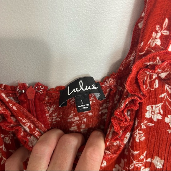 Lulu’s Garden Date Red Orange Floral Print Ruffle Midi Dress Women’s Size Large - Picture 5 of 8
